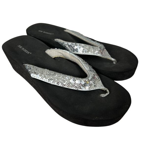 Joe Boxer Black 7/8 Women's Sandals Gray Sequin Wedge - Picture 1 of 6